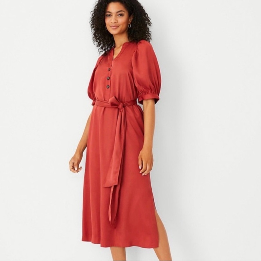 Ann Taylor Puff Sleeve, Tie Waist Midi Dress